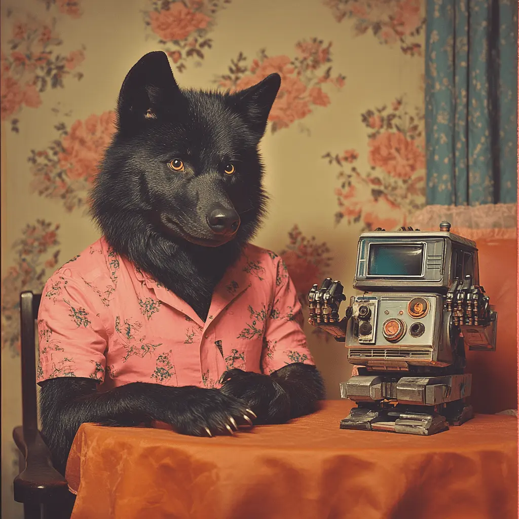 Cybernetic wolf surrounded by neural network patterns representing AI solutions