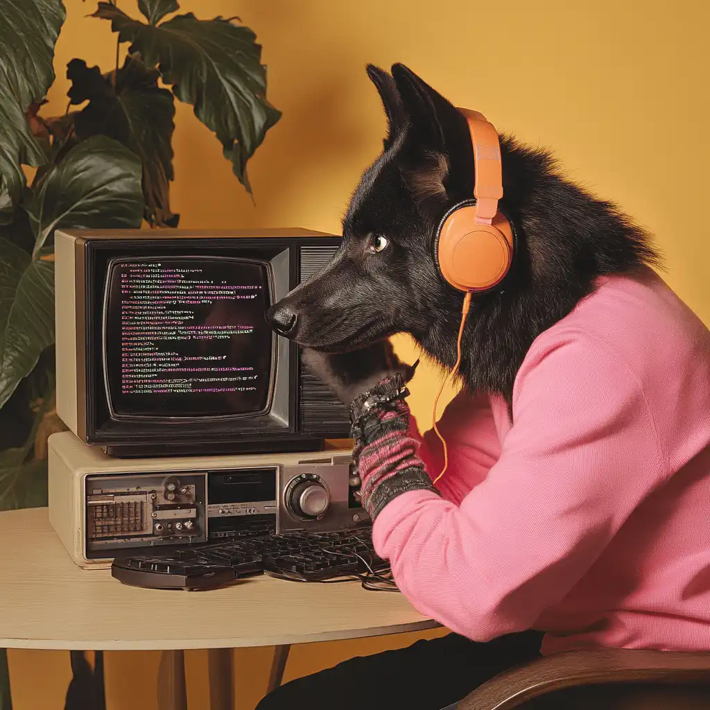 Retro-futuristic wolf developer representing custom software craftsmanship
